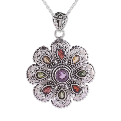Multi-gemstone pendant necklace, 'Floral Magnificence' - Hand Crafted Sterling Silver Gemstone Pendant with Chain
