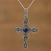Lapis lazuli pendant necklace, 'Serenity in Faith' - Lapis Lazuli and Sterling Silver Cross Pendant Necklace