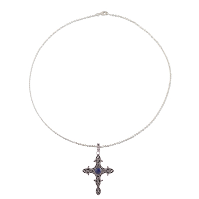 Lapis Lazuli and Sterling Silver Cross Pendant Necklace