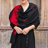 Wool shawl, 'Midnight Romance' - Woolen Woven Shawl with Paisley Embroidery from India