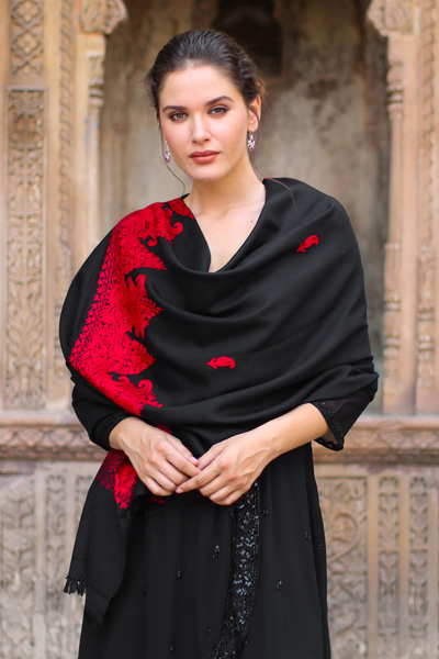 Wool shawl, 'Midnight Romance' - Woolen Woven Shawl with Paisley Embroidery from India