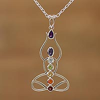 Multi-gemstone pendant necklace, 'Harmonious Mind' - Multi-Gemstone Chakra Meditation Pendant Necklace from India