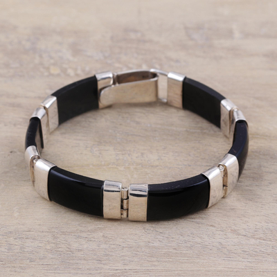 Onyx link bracelet, 'Artistic Vibe' - Onyx and Sterling Silver Link Bracelet from India