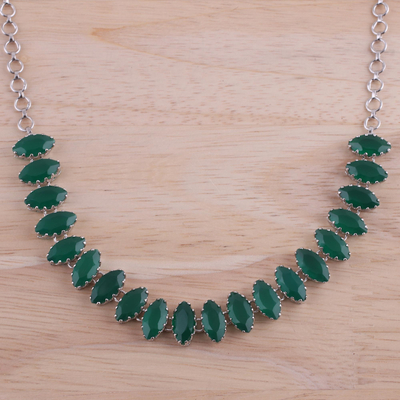 Rhodium plated onyx pendant necklace, 'Nature's Sparkle' - Rhodium Plated Green Onyx Pendant Necklace from India