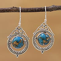 Sterling silver dangle earrings, 'Elegant Globes' - Sterling Silver and Composite Turquoise Earrings from India