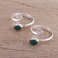 Onyx toe rings, 'Green Curl' (pair) - Two Green Onyx and Sterling Silver Toe Rings from India