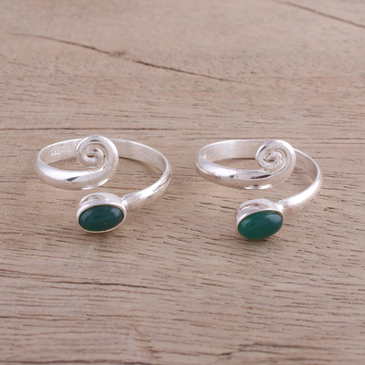 Onyx toe rings, 'Green Curl' (pair) - Two Green Onyx and Sterling Silver Toe Rings from India