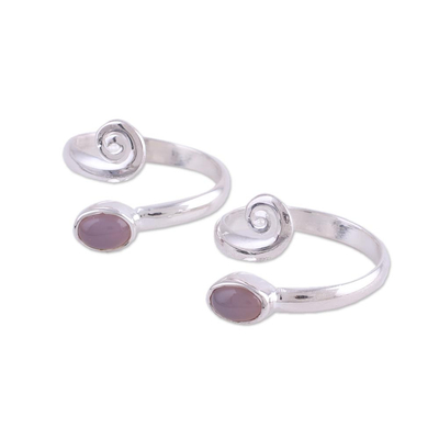 Rose quartz toe rings, 'Pink Curl' (pair) - Two Rose Quartz and Sterling Silver Toe Rings from India