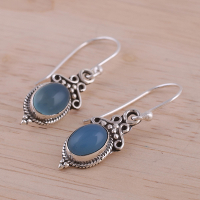 Chalcedony dangle earrings, 'Elegant Gloss in Blue' - Blue Chalcedony and 925 Silver Dangle Earrings from India