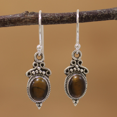 Tiger's eye dangle earrings, 'Sleek Charm' - Tiger's Eye and Sterling Silver Dangle Earrings from India