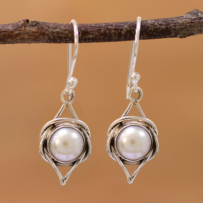 Cultured pearl dangle earrings, 'Intricate Twirl' - Indian Cultured Pearl and Sterling Silver Dangle Earrings