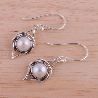 Cultured pearl dangle earrings, 'Intricate Twirl' - Indian Cultured Pearl and Sterling Silver Dangle Earrings
