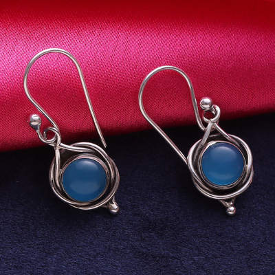 Chalcedony dangle earrings, 'Intricate Twirl in Blue' - Indian Blue Chalcedony and Sterling Silver Dangle Earrings