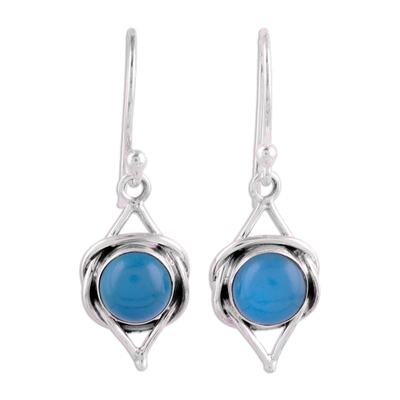 Chalcedony dangle earrings, 'Intricate Twirl in Blue' - Indian Blue Chalcedony and Sterling Silver Dangle Earrings