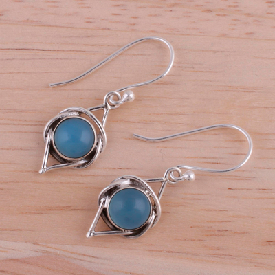Chalcedony dangle earrings, 'Intricate Twirl in Blue' - Indian Blue Chalcedony and Sterling Silver Dangle Earrings