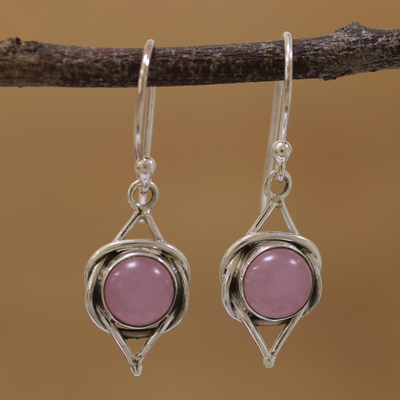 Chalcedony dangle earrings, 'Intricate Twirl in Pink' - Indian Pink Chalcedony and Sterling Silver Dangle Earrings