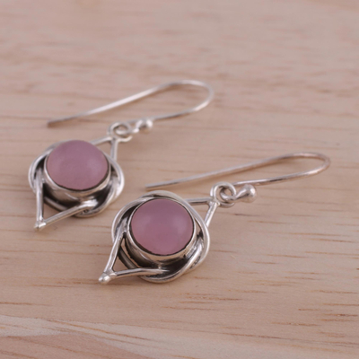 Chalcedony dangle earrings, 'Intricate Twirl in Pink' - Indian Pink Chalcedony and Sterling Silver Dangle Earrings