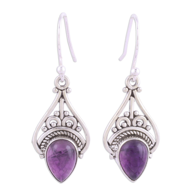 Amethyst dangle earrings, 'Crowned Drops' - Amethyst and Sterling Silver Dangle Earrings from India