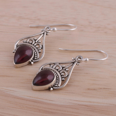 Garnet dangle earrings, 'Crowned Drops' - Garnet and Sterling Silver Dangle Earrings from India