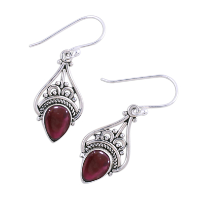 Garnet dangle earrings, 'Crowned Drops' - Garnet and Sterling Silver Dangle Earrings from India