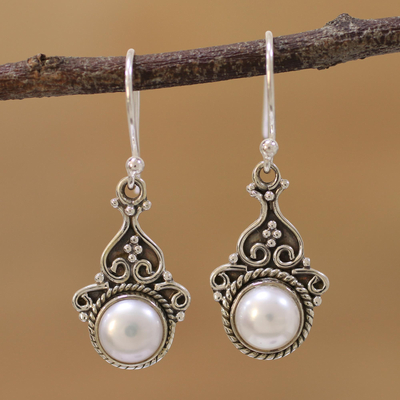Cultured pearl dangle earrings, 'Crowned Charm' - Cultured Pearl Sterling Silver Dangle Earrings from India