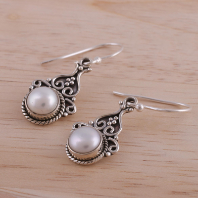 Cultured pearl dangle earrings, 'Crowned Charm' - Cultured Pearl Sterling Silver Dangle Earrings from India