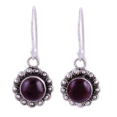 Garnet dangle earrings, 'Burgundy Appeal' - Indian Garnet and Sterling Silver Floral Dangle Earrings