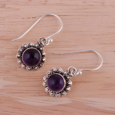 Amethyst dangle earrings, 'Purple Appeal' - Indian Amethyst and Sterling Silver Floral Dangle Earrings