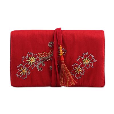 Jewelry roll, 'Floral Brilliance' - Beaded Floral Jewelry Roll in Crimson from India