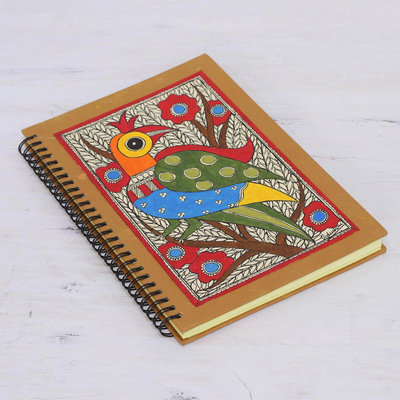 Madhubani journal, 'Peacock Majesty' - Madhubani Style Blank Handmade Paper Journal