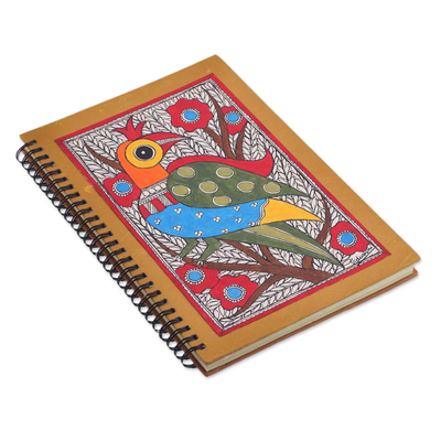 Madhubani journal, 'Peacock Majesty' - Madhubani Style Blank Handmade Paper Journal