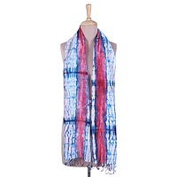 Tie-dyed silk scarf, 'Flourishing Vines' - Tie-Dyed Silk Shawl in Strawberry and Caribbean Blue