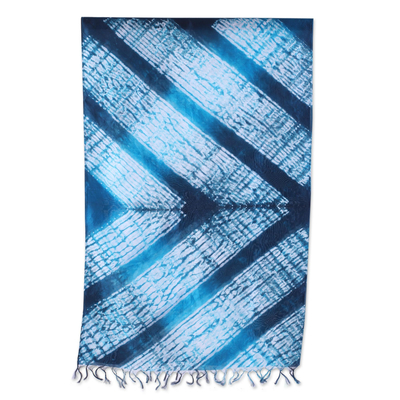 Tie-dyed silk scarf, 'Teal Rivers' - Tie-Dyed Striped Silk Scarf in Teal and Turquoise from India