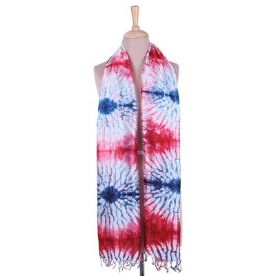 Tie-dyed silk scarf, 'Alluring Blast' - Tie-Dyed Silk Scarf in Crimson and Caribbean Blue from India