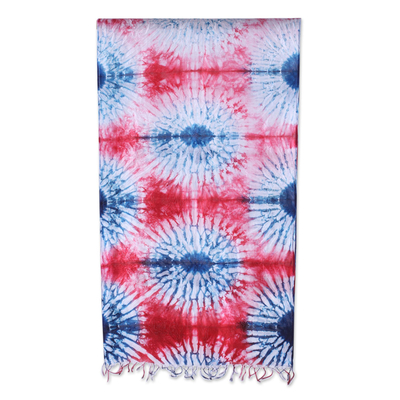 Tie-dyed silk scarf, 'Alluring Blast' - Tie-Dyed Silk Scarf in Crimson and Caribbean Blue from India