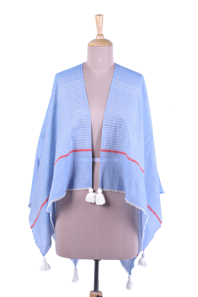 Cotton beach kimono, 'Sea Here' - Light Blue and White Cotton Beach Kimono with Tassels