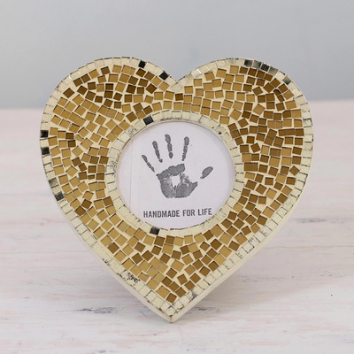 Glass mosaic photo frame, 'Wistful Memories' (3 in.) - 3 in. Heart-Shaped Glass Mosaic Photo Frame from India