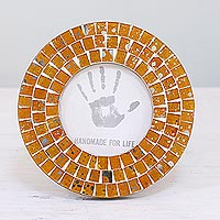 Glass photo frame, 'Bubbling Memories' (4 inch) - 4 Inch Circular Orange Glass Mosaic Photo Frame from India