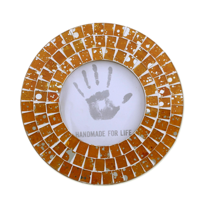 Glass photo frame, 'Bubbling Memories' (4 inch) - 4 Inch Circular Orange Glass Mosaic Photo Frame from India