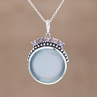 Chalcedony and amethyst pendant necklace, 'Ocean Cove' - Chalcedony and Amethyst Pendant Necklace from India