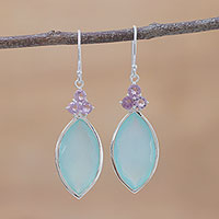 Chalcedony and amethyst dangle earrings, 'Exquisite Aqua' - Marquise Chalcedony and Amethyst Dangle Earrings from India