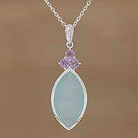Chalcedony and amethyst pendant necklace, 'Exquisite Aqua' - Marquise Chalcedony and Amethyst Pendant Necklace from India