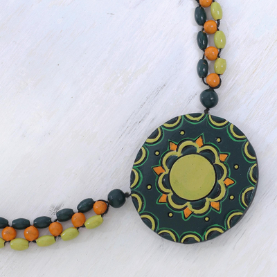Collar con colgante de cuentas de cerámica - Collar con cuentas de cerámica india pintada a mano en verde
