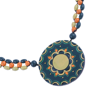 Halskette mit Anhänger aus Keramikperlen - Handbemalte indische Keramikperlenkette in Grün