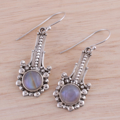 Rainbow moonstone dangle earrings, 'Magical Pendulums' - Rainbow Moonstone and 925 Silver Dangle Earrings from India