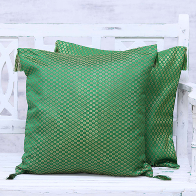 Brocade cushion covers, 'Palace Garden' (pair) - Green and Gold Floral Brocade Cushion Covers (Pair)