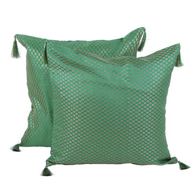 Brocade cushion covers, 'Palace Garden' (pair) - Green and Gold Floral Brocade Cushion Covers (Pair)