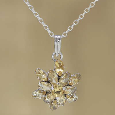 Rhodium plated citrine pendant necklace, 'Golden Burst' - Rhodium Plated Citrine Pendant Necklace from India