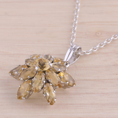 Rhodium plated citrine pendant necklace, 'Golden Burst' - Rhodium Plated Citrine Pendant Necklace from India