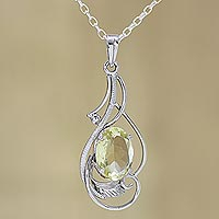Rhodium plated lemon quartz pendant necklace, 'Lavish Vines' - Rhodium Plated Lemon Quartz Pendant Necklace from India